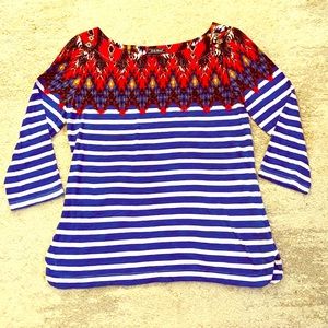 Lucky Brand Blue Stripe Tribal Print Boat Neck Top
